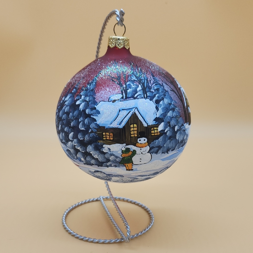 Hand-Painted Holiday Ornament with Snowy Scene - Hand-made In Poland